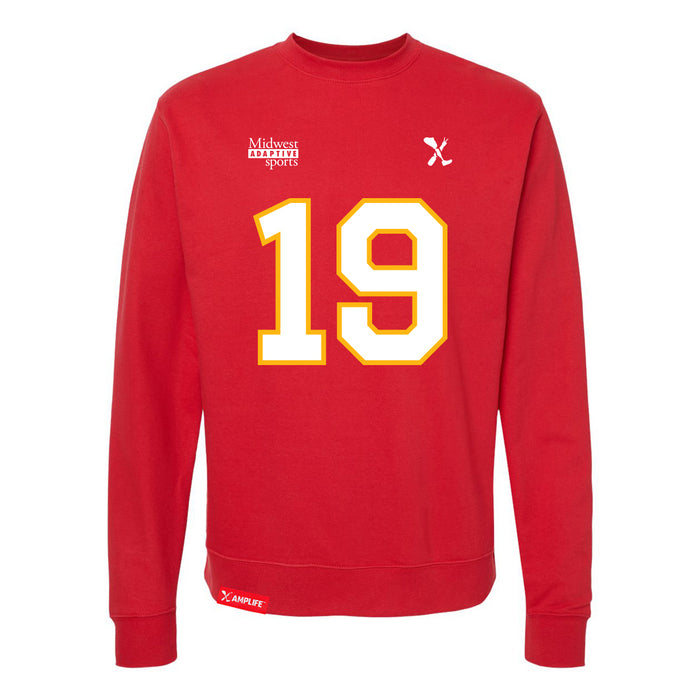 Front angle of the Chad Graham MAS Kansas City Wheelchair Football Amplife Red Crewneck Sweatshirt against a white background