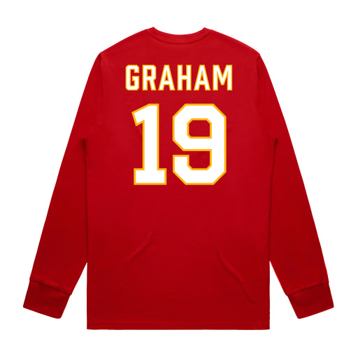 Back angle of the Chad Graham MAS Kansas City Wheelchair Football Amplife Red Long Sleeve T-Shirt against a white background