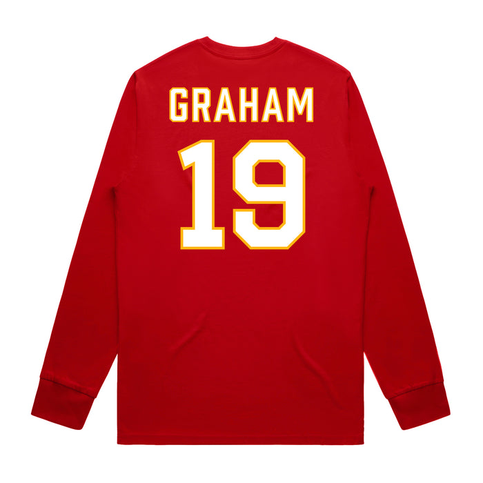 Back angle of the Chad Graham MAS Kansas City Wheelchair Football Amplife Red Long Sleeve T-Shirt against a white background