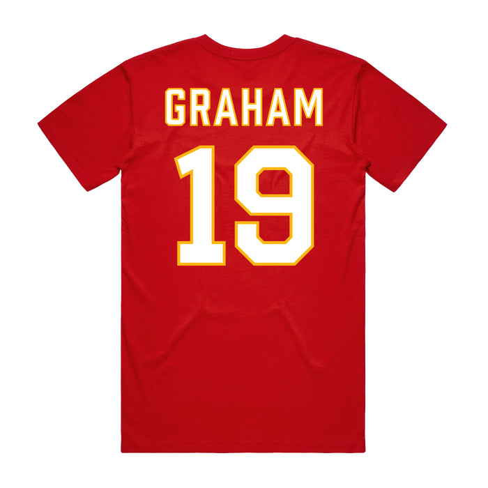 Back angle of the Chad Graham MAS Kansas City Wheelchair Football Amplife Red T-Shirt against a white background