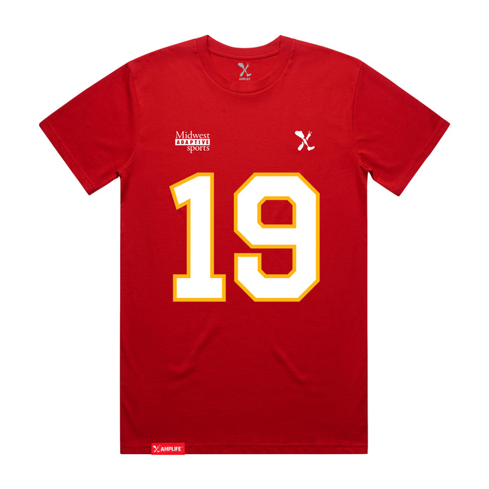 Front angle of the Chad Graham MAS Kansas City Wheelchair Football Amplife Red T-Shirt against a white background