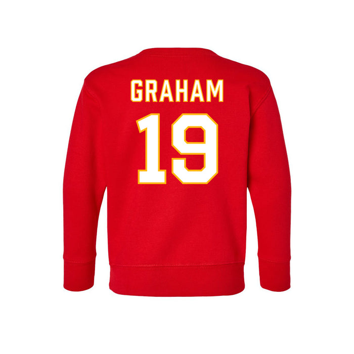 Back angle of the Chad Graham MAS Kansas City Wheelchair Football Amplife Toddler Red Crewneck Sweatshirt against a white background