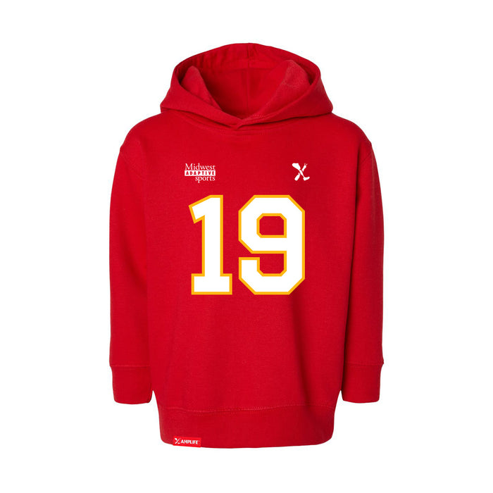 Front angle of the Chad Graham MAS Kansas City Wheelchair Football Amplife Toddler Red Hoodie against a white background