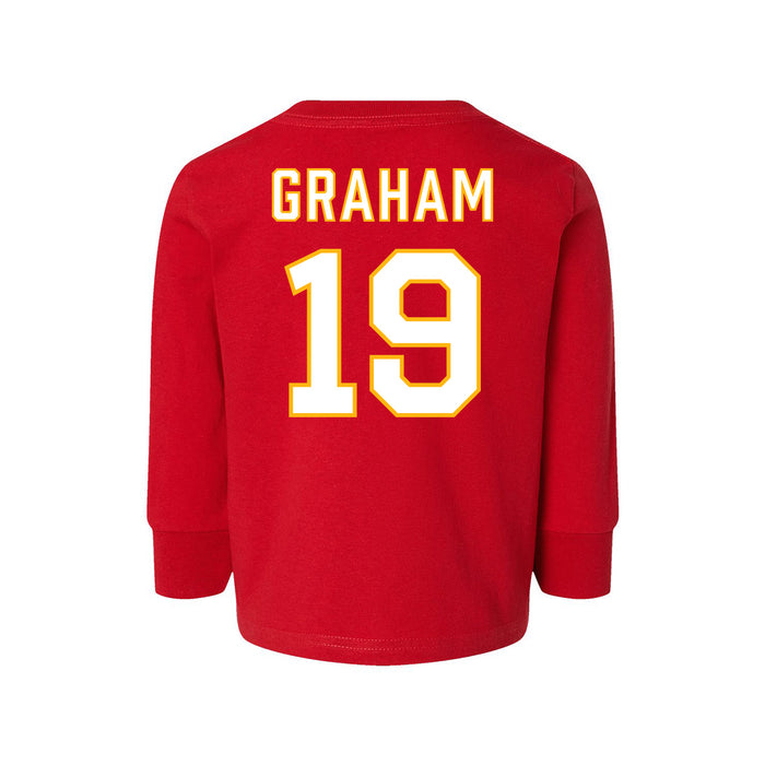 Back angle of the Chad Graham MAS Kansas City Wheelchair Football Amplife Toddler Red Long Sleeve T-Shirt against a white background