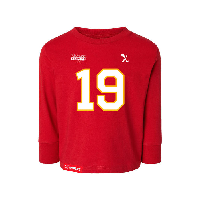 Front angle of the Chad Graham MAS Kansas City Wheelchair Football Amplife Toddler Red Long Sleeve T-Shirt against a white background