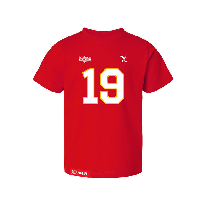 Front angle of the Chad Graham MAS Kansas City Wheelchair Football Amplife Toddler Red T-Shirt against a white background