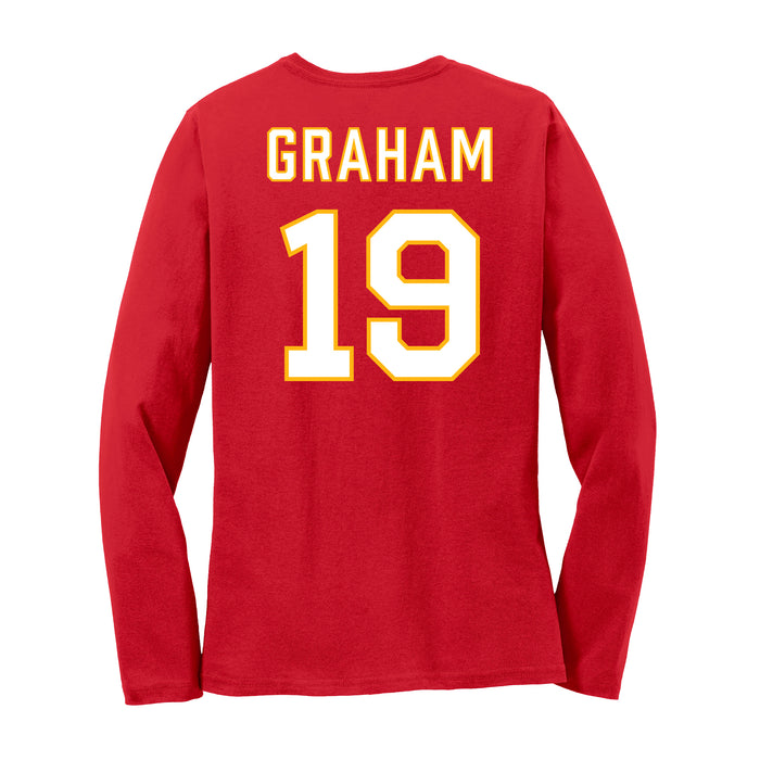 Back angle of the Chad Graham MAS Kansas City Wheelchair Football Amplife Women's Red Long Sleeve T-Shirt against a white background