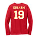 Back angle of the Chad Graham MAS Kansas City Wheelchair Football Amplife Women's Red Long Sleeve T-Shirt against a white background