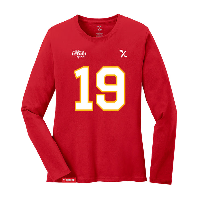 Front angle of the Chad Graham MAS Kansas City Wheelchair Football Amplife Women's Red Long Sleeve T-Shirt against a white background