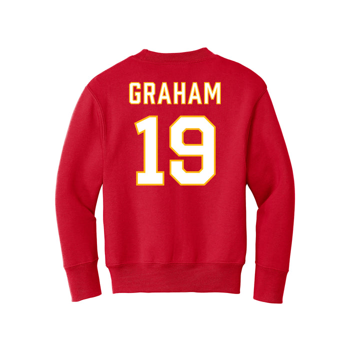 Back angle of the Chad Graham MAS Kansas City Wheelchair Football Amplife Youth Red Crewneck Sweatshirt against a white background
