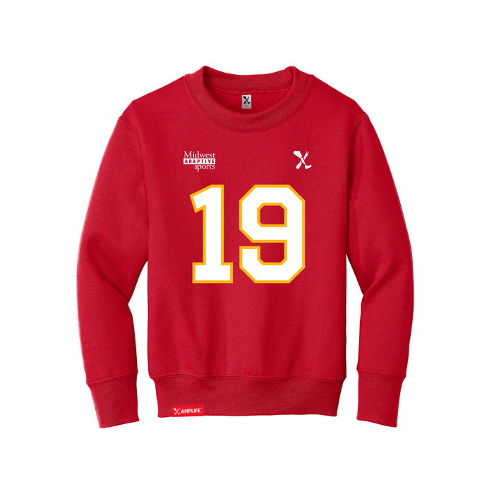 Front angle of the Chad Graham MAS Kansas City Wheelchair Football Amplife Youth Red Crewneck Sweatshirt against a white background