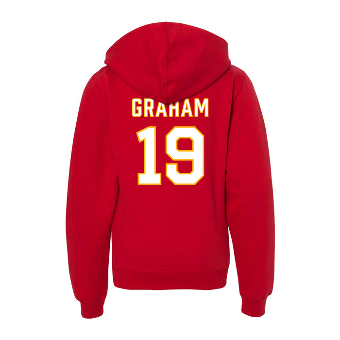 Back angle of the Chad Graham MAS Kansas City Wheelchair Football Amplife Youth Red Hoodie against a white background