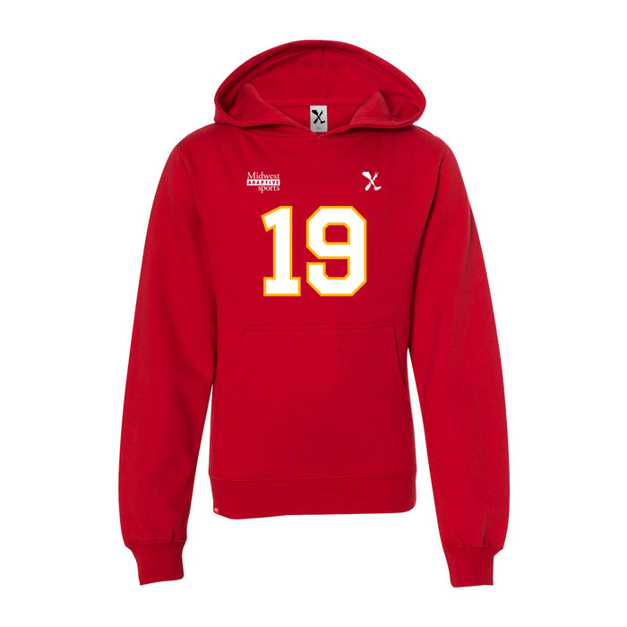 Front angle of the Chad Graham MAS Kansas City Wheelchair Football Amplife Youth Red Hoodie against a white background