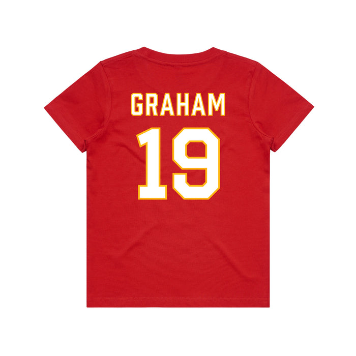 Back angle of the Chad Graham MAS Kansas City Wheelchair Football Amplife Youth Red T-Shirt against a white background