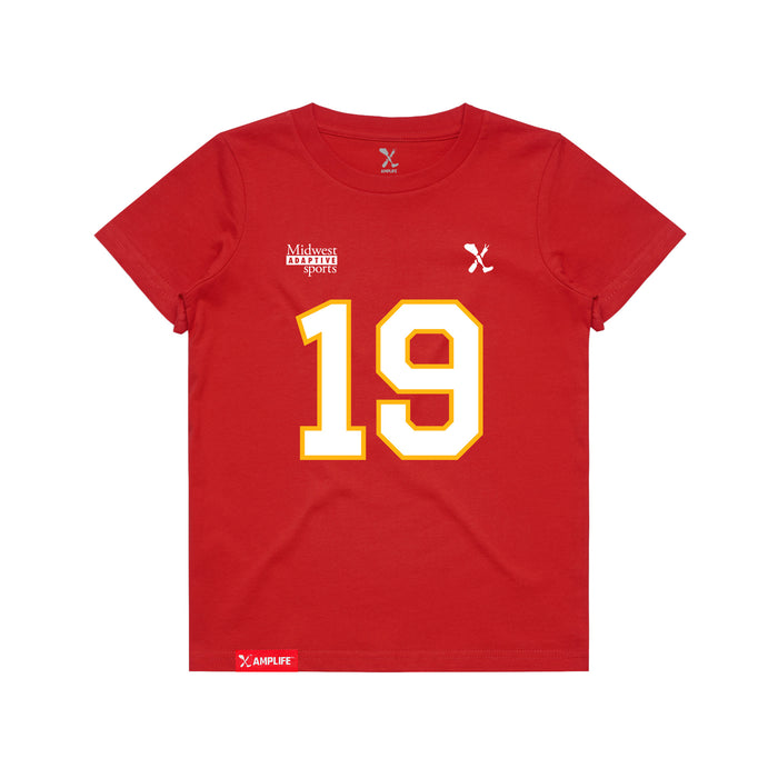 Front angle of the Chad Graham MAS Kansas City Wheelchair Football Amplife Youth Red T-Shirt against a white background