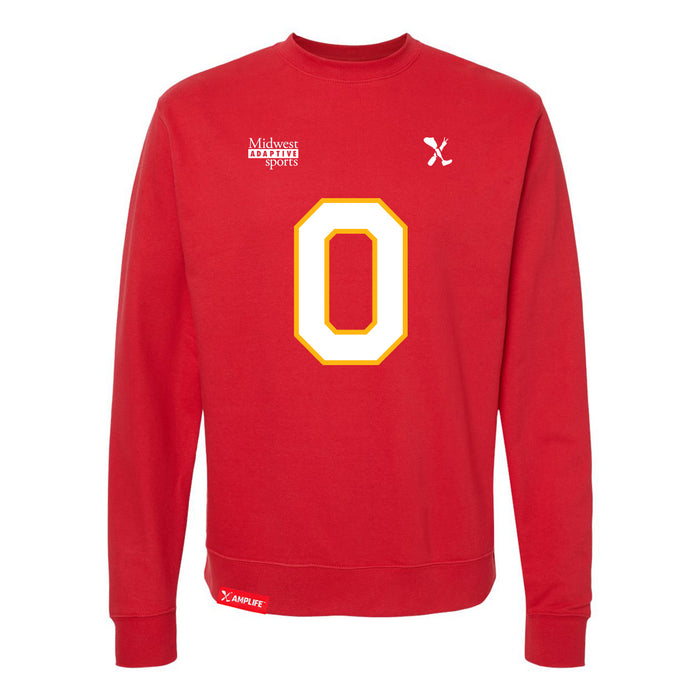 Front angle of the Clayton Peters MAS Kansas City Wheelchair Football Amplife Red Crewneck Sweatshirt against a white background