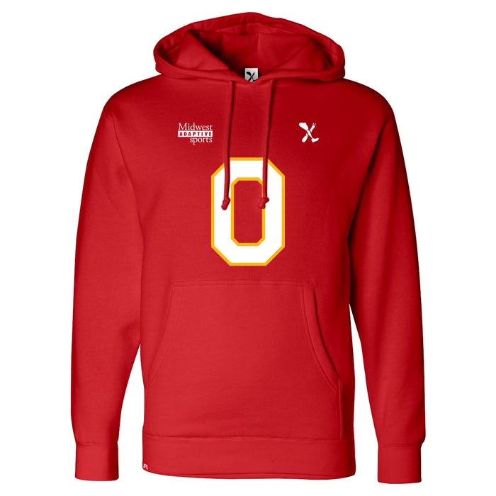 Front angle of the Clayton Peters MAS Kansas City Wheelchair Football Amplife Red Hoodie against a white background