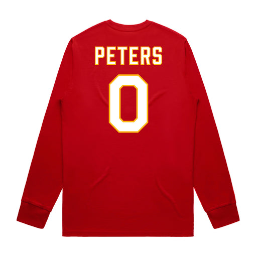 Back angle of the Clayton Peters MAS Kansas City Wheelchair Football Amplife Red Long Sleeve T-Shirt against a white background