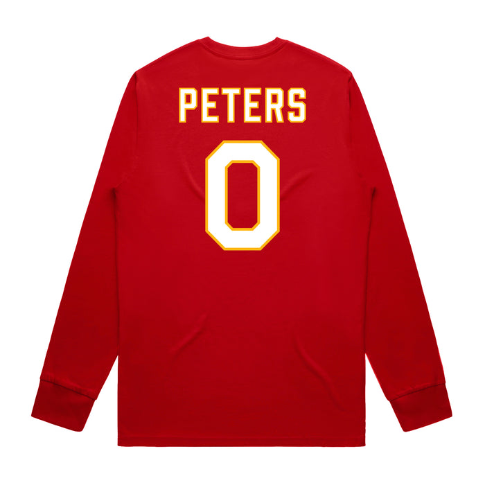 Back angle of the Clayton Peters MAS Kansas City Wheelchair Football Amplife Red Long Sleeve T-Shirt against a white background