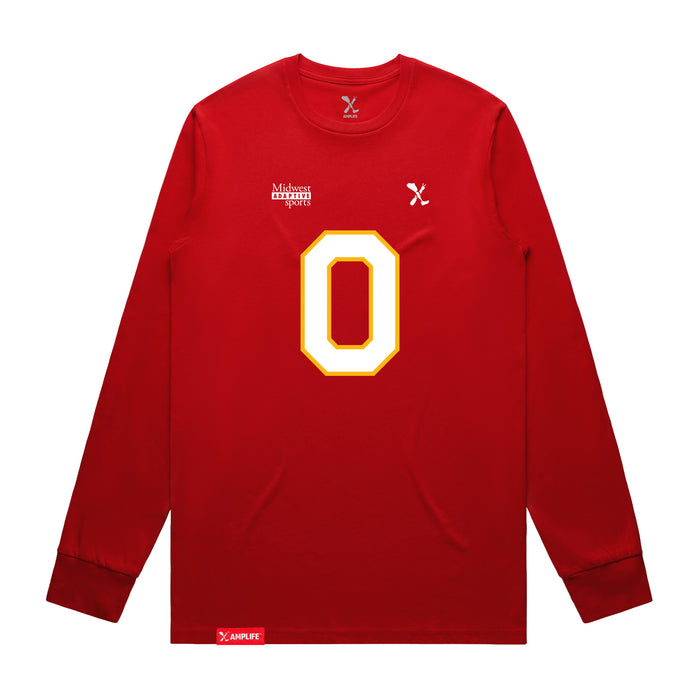 Front angle of the Clayton Peters MAS Kansas City Wheelchair Football Amplife Red Long Sleeve T-Shirt against a white background