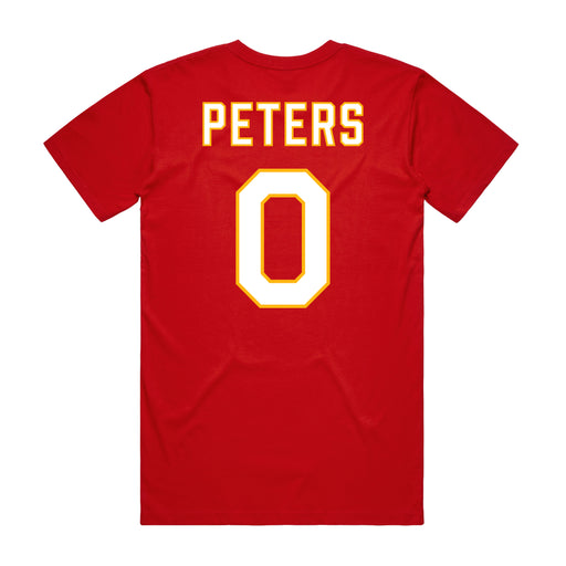 Back angle of the Clayton Peters MAS Kansas City Wheelchair Football Amplife Red T-Shirt against a white background