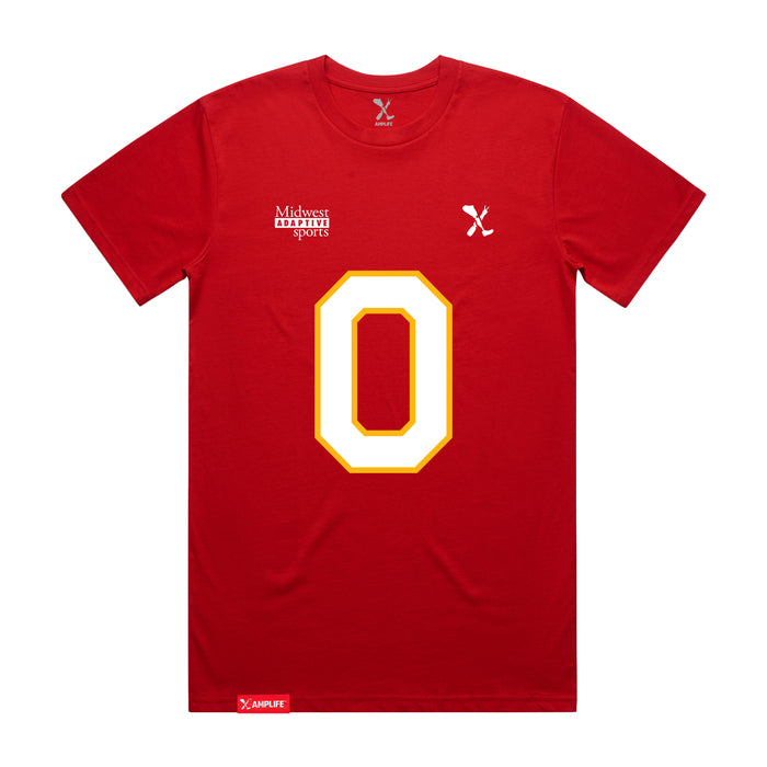 Front angle of the Clayton Peters MAS Kansas City Wheelchair Football Amplife Red T-Shirt against a white background