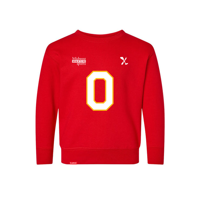 Front angle of the Clayton Peters MAS Kansas City Wheelchair Football Amplife Toddler Red Crewneck Sweatshirt against a white background