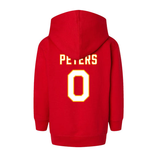 Back angle of the Clayton Peters MAS Kansas City Wheelchair Football Amplife Toddler Red Hoodie against a white background
