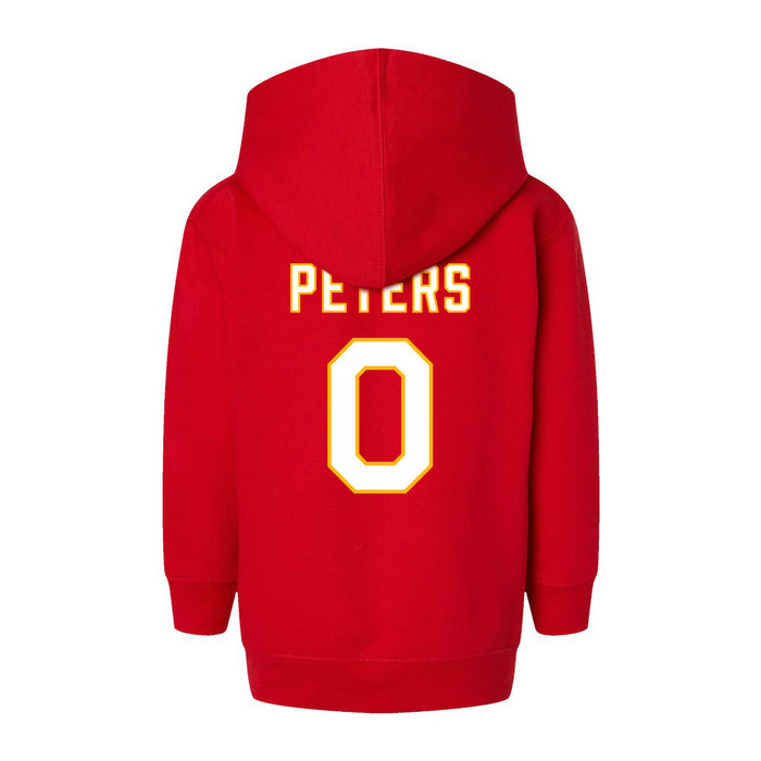 Back angle of the Clayton Peters MAS Kansas City Wheelchair Football Amplife Toddler Red Hoodie against a white background