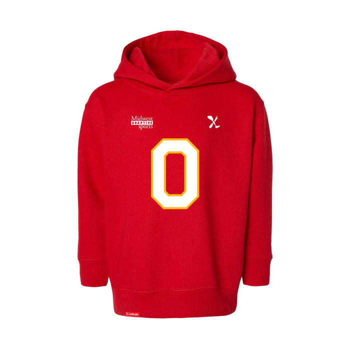 Front angle of the Clayton Peters MAS Kansas City Wheelchair Football Amplife Toddler Red Hoodie against a white background