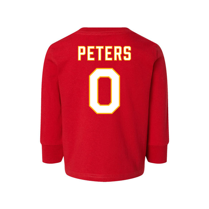 Back angle of the Clayton Peters MAS Kansas City Wheelchair Football Amplife Toddler Red Long Sleeve T-Shirt against a white background