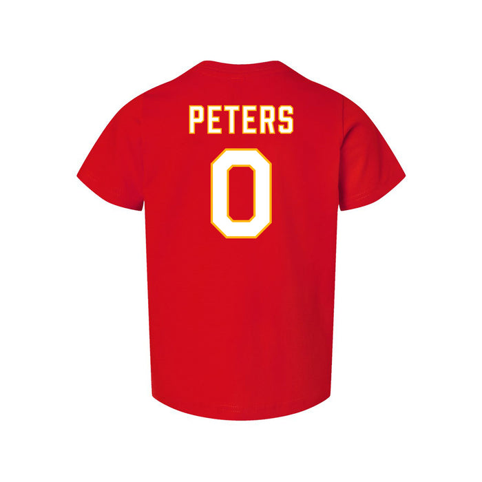 Back angle of the Clayton Peters MAS Kansas City Wheelchair Football Amplife Toddler Red T-Shirt against a white background