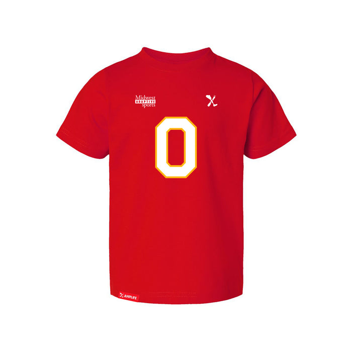 Front angle of the Clayton Peters MAS Kansas City Wheelchair Football Amplife Toddler Red T-Shirt against a white background