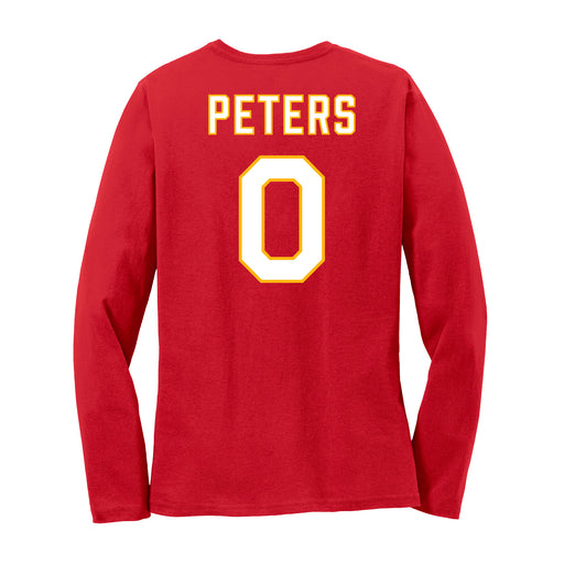 Back angle of the Clayton Peters MAS Kansas City Wheelchair Football Amplife Women's Red Long Sleeve T-Shirt against a white background
