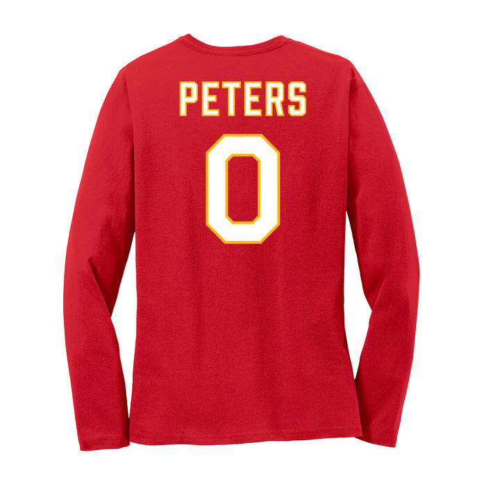 Back angle of the Clayton Peters MAS Kansas City Wheelchair Football Amplife Women's Red Long Sleeve T-Shirt against a white background