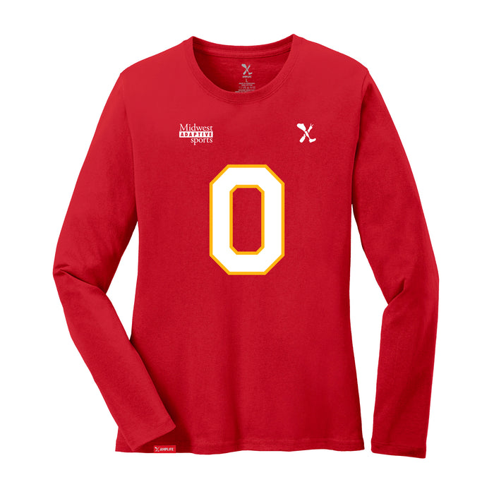 Front angle of the Clayton Peters MAS Kansas City Wheelchair Football Amplife Women's Red Long Sleeve T-Shirt against a white background