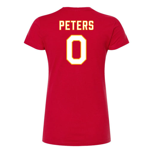 Back angle of the Clayton Peters MAS Kansas City Wheelchair Football Amplife Women's Red Slim T-Shirt against a white background