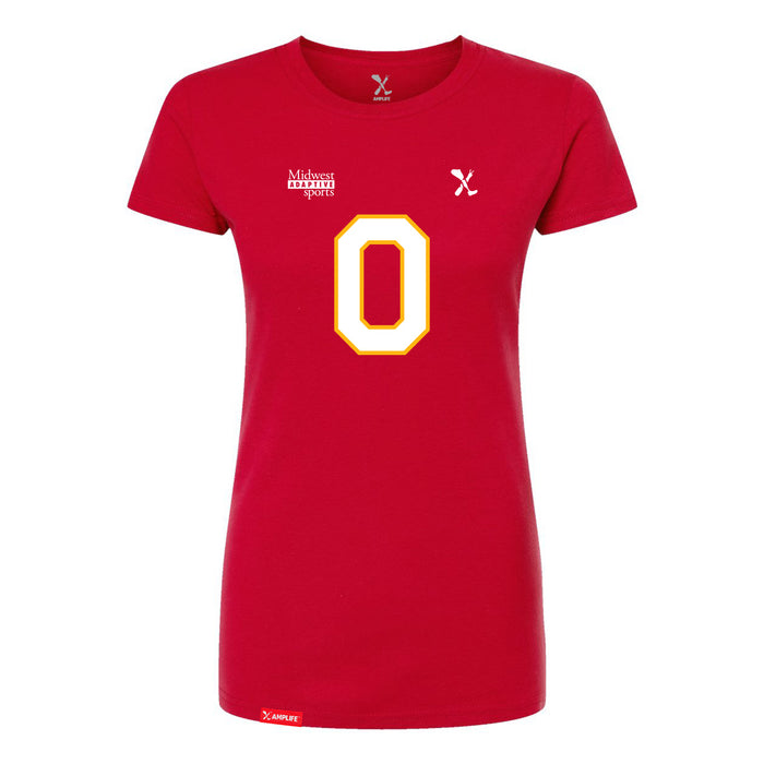 Front angle of the Clayton Peters MAS Kansas City Wheelchair Football Amplife Women's Red Slim T-Shirt against a white background