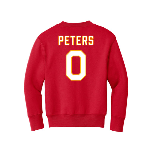 Back angle of the Clayton Peters MAS Kansas City Wheelchair Football Amplife Youth Red Crewneck Sweatshirt against a white background