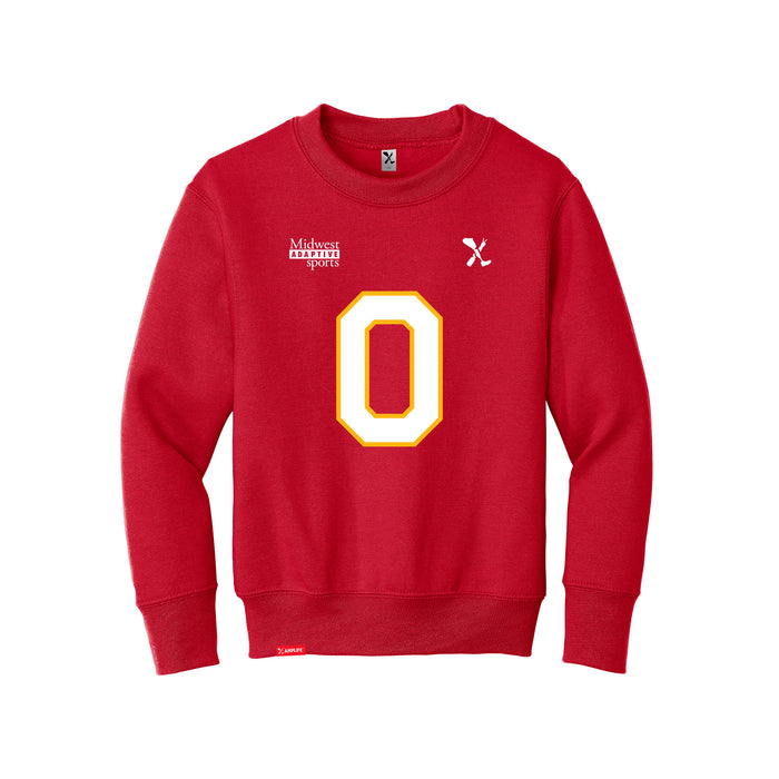 Front angle of the Clayton Peters MAS Kansas City Wheelchair Football Amplife Youth Red Crewneck Sweatshirt against a white background