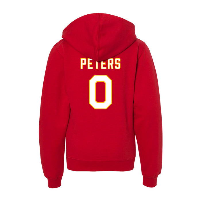 Back angle of the Clayton Peters MAS Kansas City Wheelchair Football Amplife Youth Red Hoodie against a white background