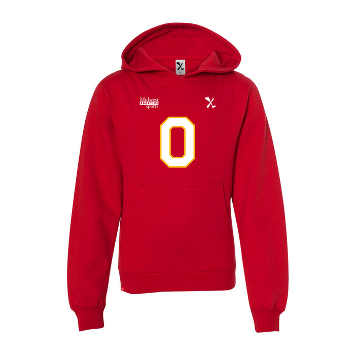 Front angle of the Clayton Peters MAS Kansas City Wheelchair Football Amplife Youth Red Hoodie against a white background