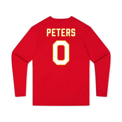 Back angle of the Clayton Peters MAS Kansas City Wheelchair Football Amplife Youth Red Long Sleeve T-Shirt against a white background