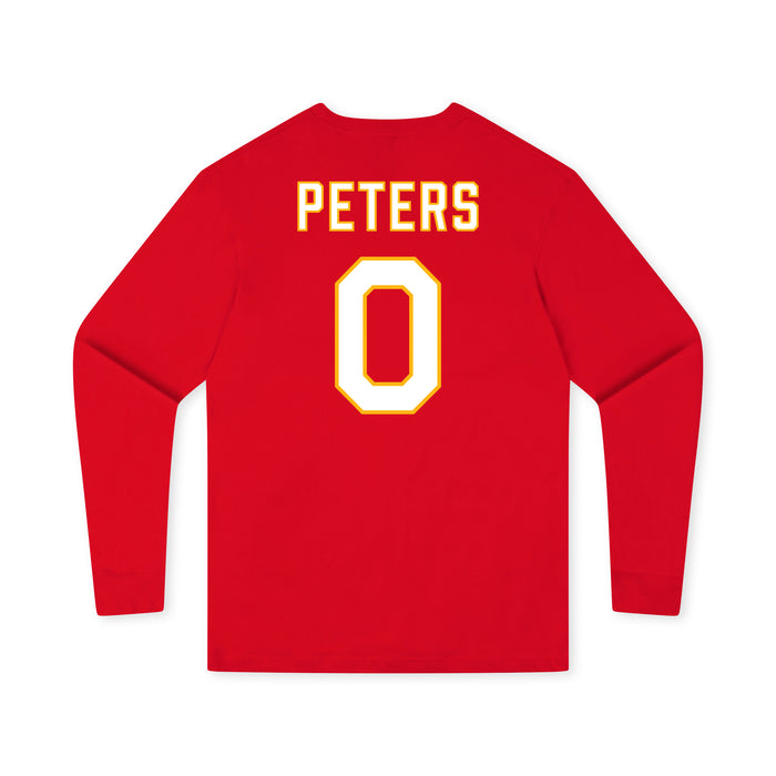 Back angle of the Clayton Peters MAS Kansas City Wheelchair Football Amplife Youth Red Long Sleeve T-Shirt against a white background
