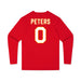 Back angle of the Clayton Peters MAS Kansas City Wheelchair Football Amplife Youth Red Long Sleeve T-Shirt against a white background