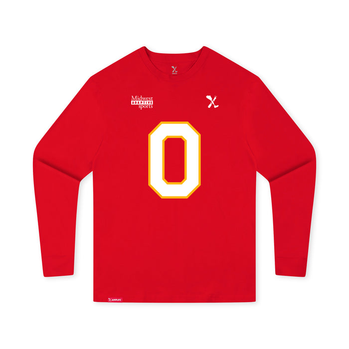 Front angle of the Clayton Peters MAS Kansas City Wheelchair Football Amplife Youth Red Long Sleeve T-Shirt against a white background
