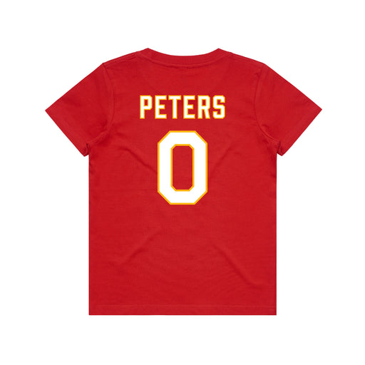 Back angle of the Clayton Peters MAS Kansas City Wheelchair Football Amplife Youth Red T-Shirt against a white background