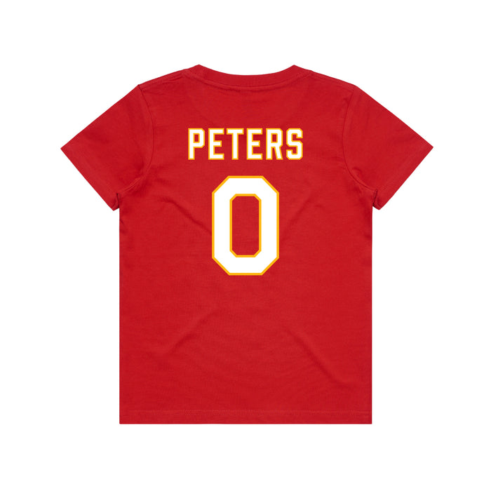 Back angle of the Clayton Peters MAS Kansas City Wheelchair Football Amplife Youth Red T-Shirt against a white background