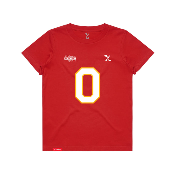 Front angle of the Clayton Peters MAS Kansas City Wheelchair Football Amplife Youth Red T-Shirt against a white background