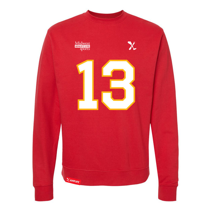 Front angle of the Danny Fik MAS Kansas City Wheelchair Football Amplife Red Crewneck Sweatshirt against a white background